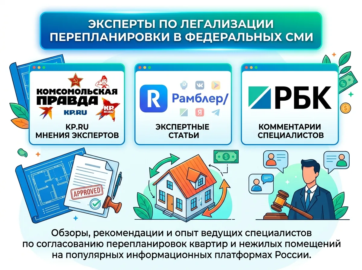 Логотипы федеральных СМИ — Комсомольская правда, Рамблер, РБК, в которых публикуются эксперты по согласованию перепланировок